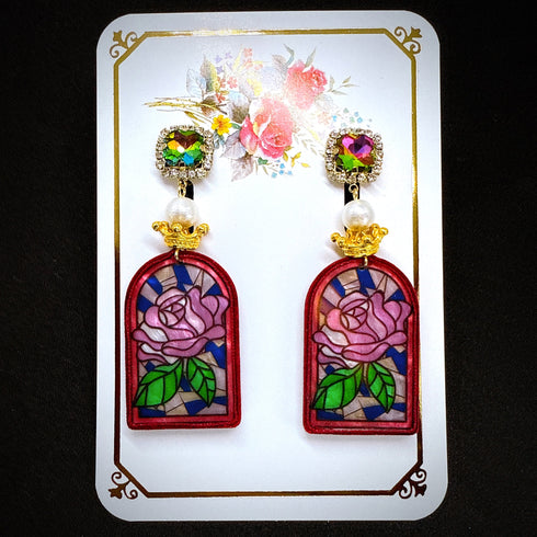 <14049>Purple rose stained glass earrings