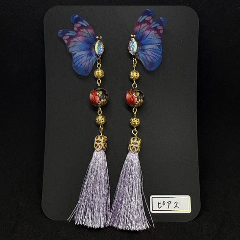 <14051>Purple butterfly Chinoiserie pierced earrings