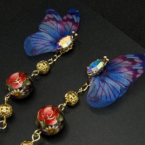 <14051>Purple butterfly Chinoiserie pierced earrings