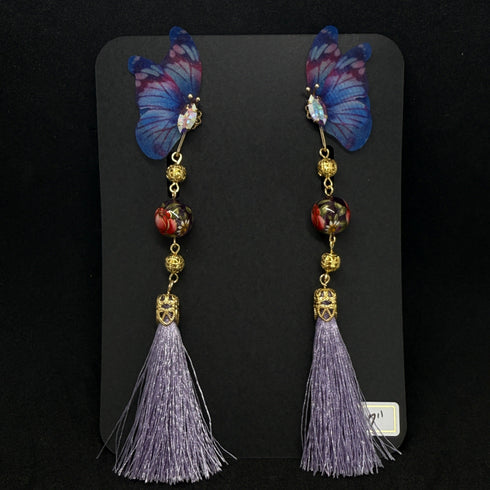 <14052>Purple butterfly Chinoiserie earrings