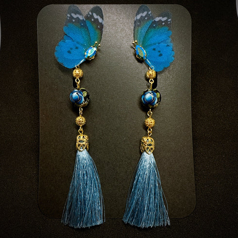 <14053>Blue butterfly Chinoiserie earrings