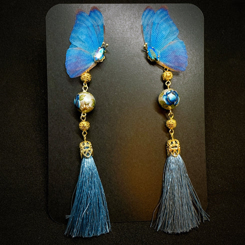 <14054>Morpho butterfly Chinoiserie earrings