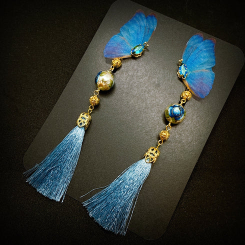 <14054>Morpho butterfly Chinoiserie earrings
