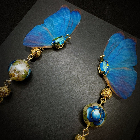 <14054>Morpho butterfly Chinoiserie earrings