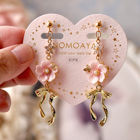 <15016>【Sakura Waltz】Ribbon Floral Pierced Earrings