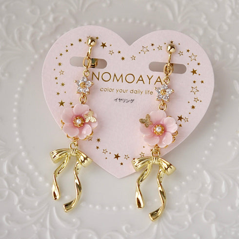 <15016>【Sakura Waltz】Ribbon Floral Pierced Earrings
