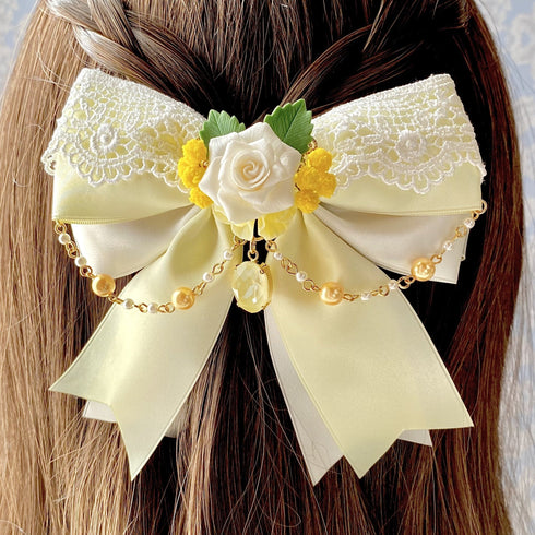 <15019>【Mimosa & White Rose Duet】Ribbon Barrette
