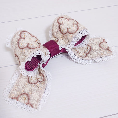 <20003>インド刺繍立体おリボンバレッタ(レース/ブラウン)