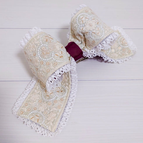 <20004>インド刺繍立体おリボンバレッタ(レース/アイボリー)