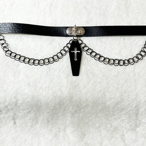 <21034>drape chain and coffin choker (black)