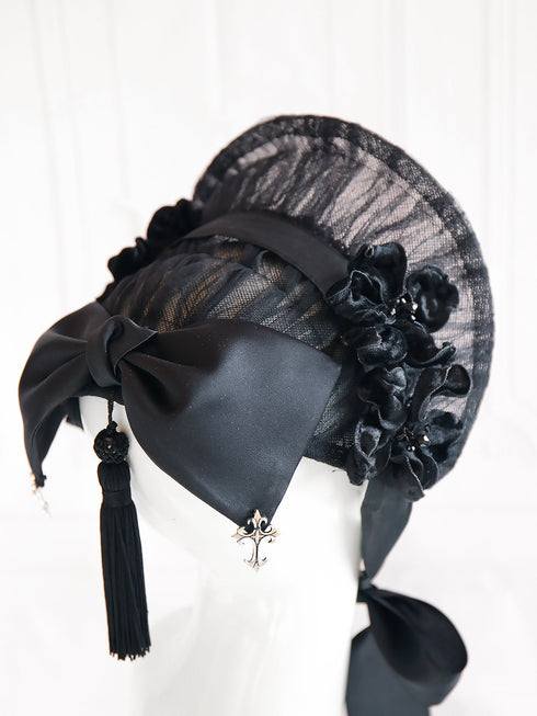 <22007>Bride in Black Veil Bonnet