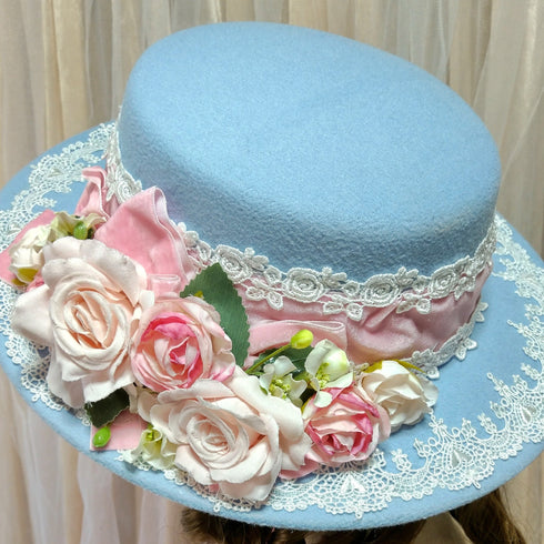 <23003>Lightblue × Pink rose Felt hat