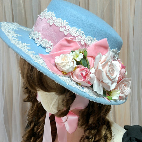 <23003>Lightblue × Pink rose Felt hat