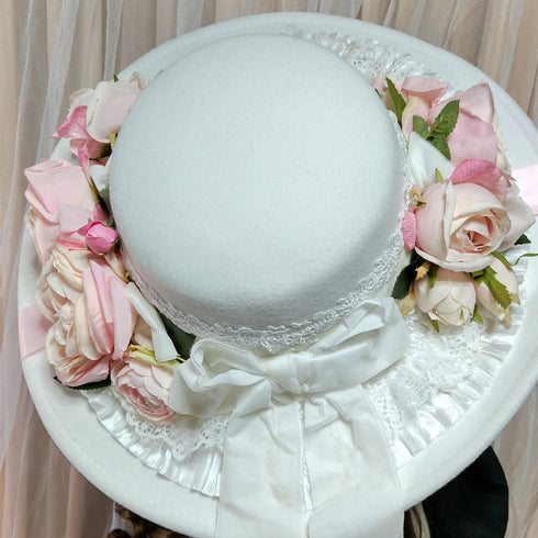 <23004>White ribbon × Pink rose Felt hat (With clip)