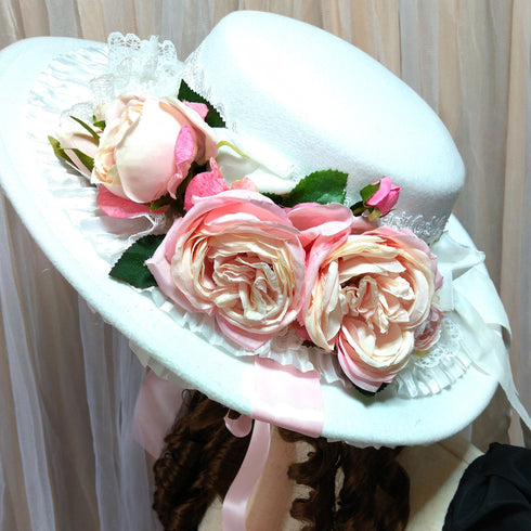 <23004>White ribbon × Pink rose Felt hat (With clip)