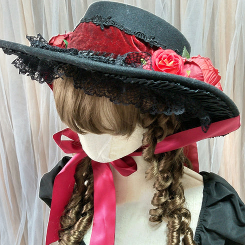<23005>Black × Bordeaux rose Felt hat (With clip)