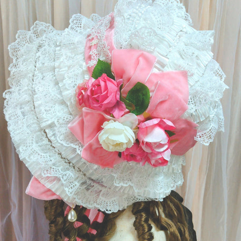 <23007>White × Pink rose Special Bonnet (With pearls)