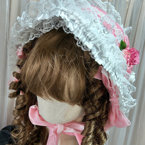 <23007>White × Pink rose Special Bonnet (With pearls)