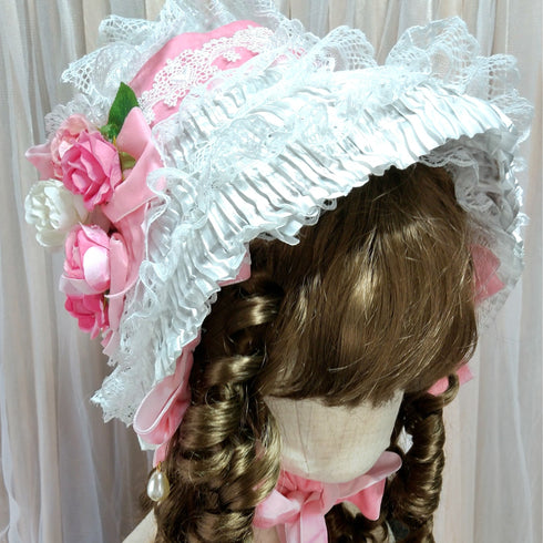 <23007>White × Pink rose Special Bonnet (With pearls)