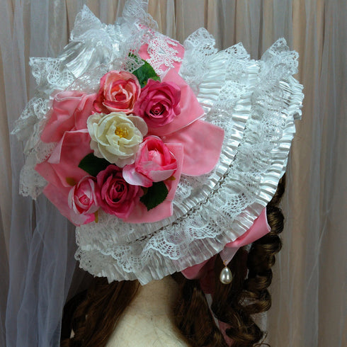 <23007>White × Pink rose Special Bonnet (With pearls)