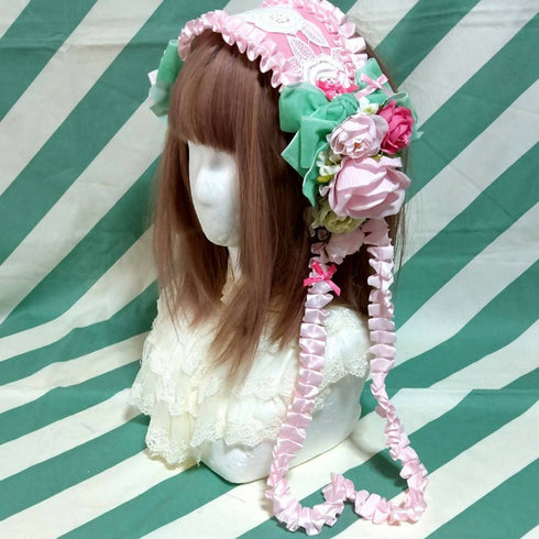 ピンクリボン薔薇×グリーンヘッドドレス