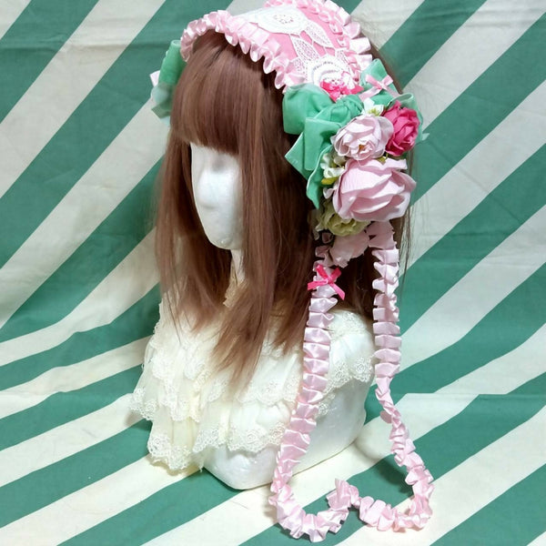 ピンクリボン薔薇×グリーンヘッドドレス