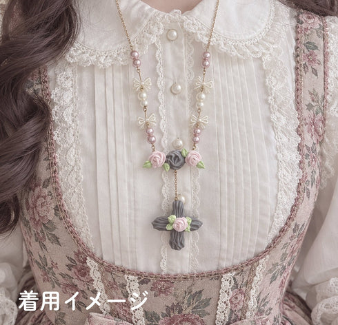 <31007>ホイップ十字架のネックレス グレーピンク