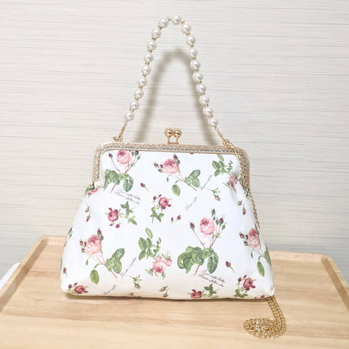 <35020>薔薇柄パールがま口バッグ 白