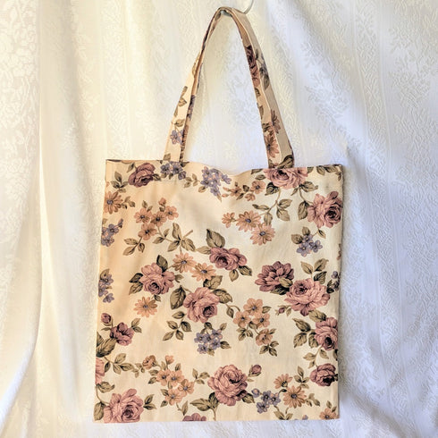 <35026>花柄トートバッグ ベージュ×えんじ系 カメオリボンつき