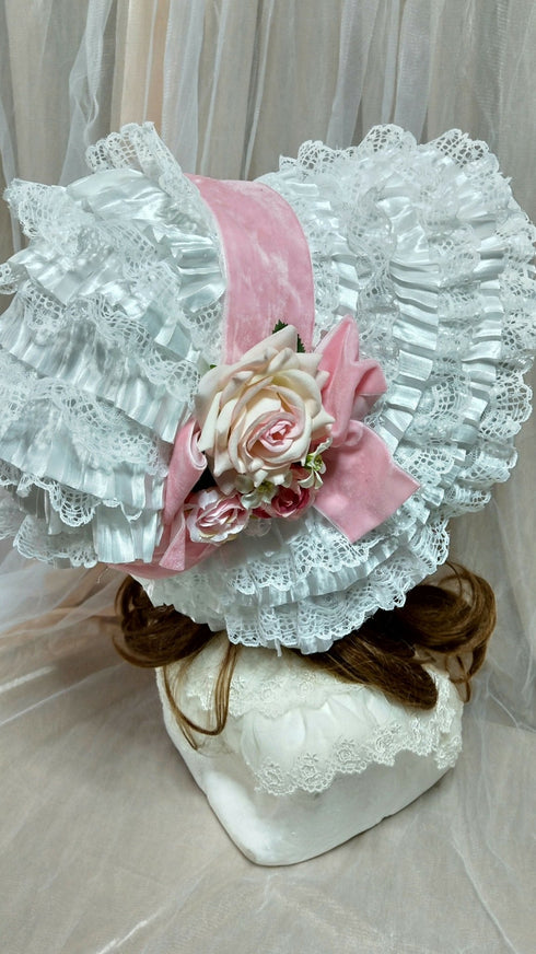 ピンク薔薇総レースボンネット