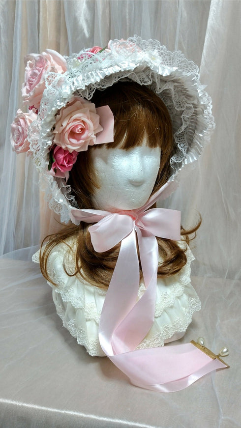 総レースゴージャスボンネット白×ピンク