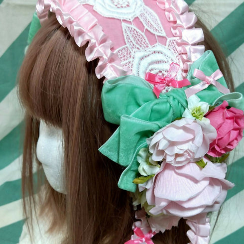 ピンクリボン薔薇×グリーンヘッドドレス