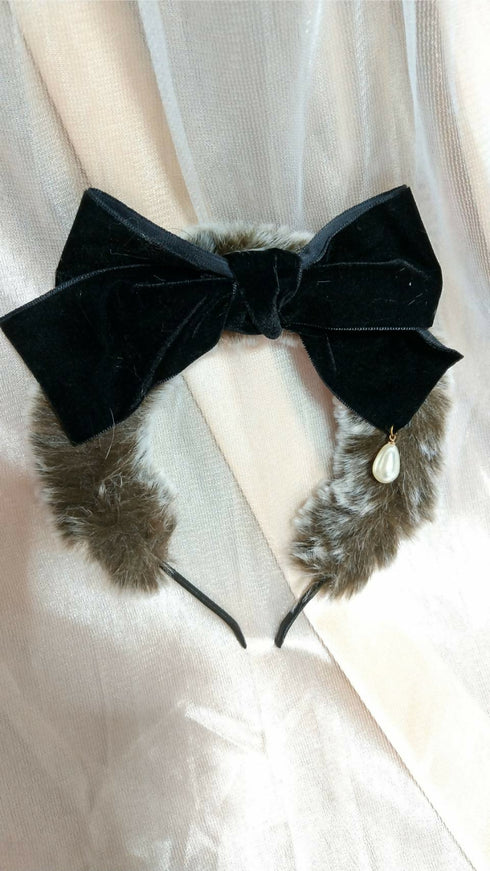 ファーリボンカチューシャ(カーキ×黒リボン)