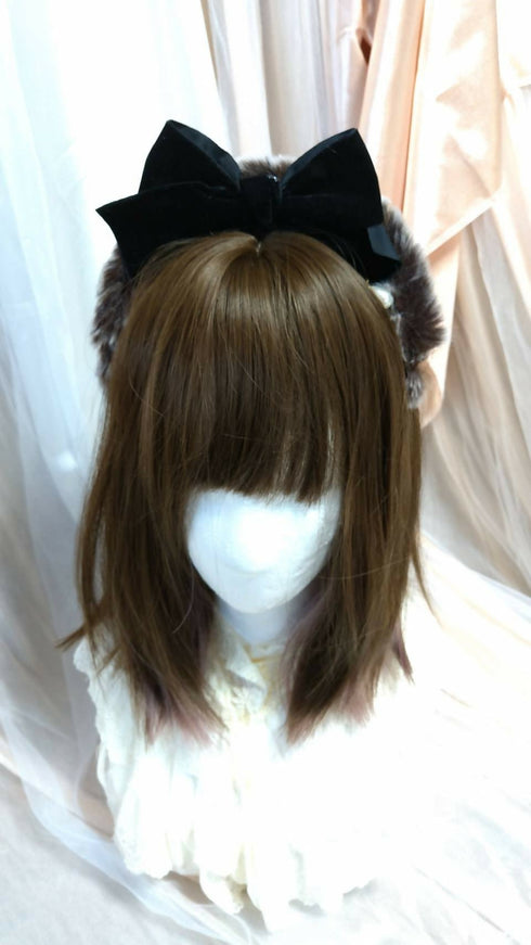 ファーリボンカチューシャ(ブラウン×黒リボン)