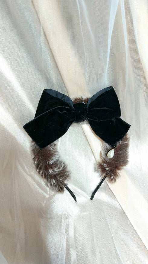 ファーリボンカチューシャ(ブラウン×黒リボン)