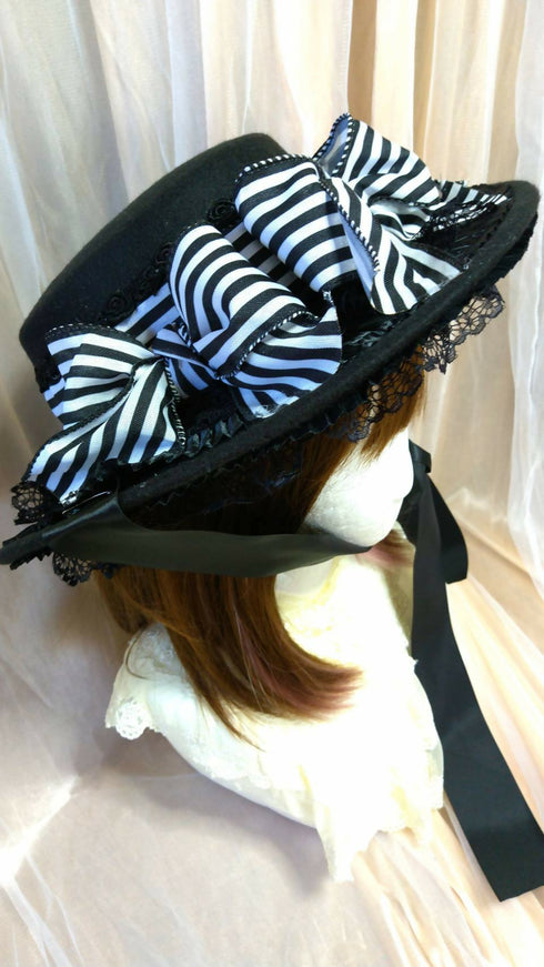 ストライプリボンフェルトハット黒