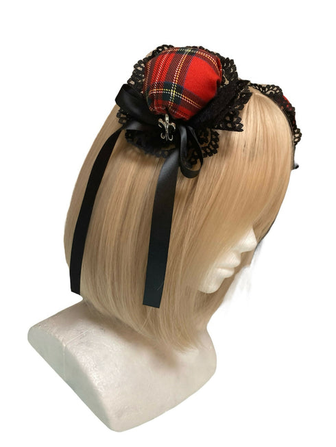 赤黒チェックのお団子ヘアクリップ