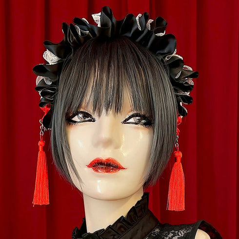 アジアンゴシックタッセルカチューシャ/黒×白×赤タッセル