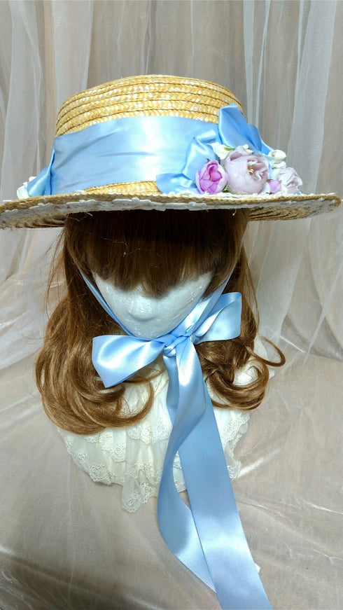 Blue Ribbon and Small Rose Straw Hat