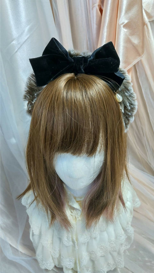 ファーリボンカチューシャ(カーキ×黒リボン)