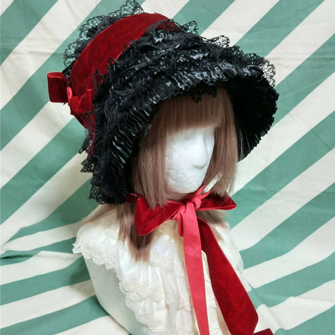 黒×ボルドーリボン総レースボンネット