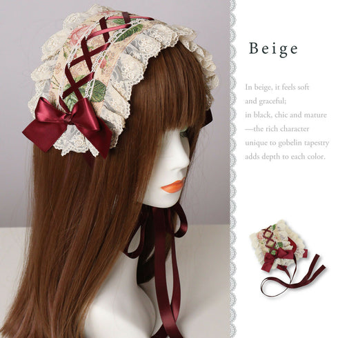 ゴブランヘッドドレス レース フリル リボン 薔薇 バラ ブラック ベージュ