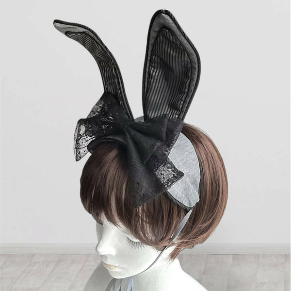 うさぎのヘッドドレス グレー×ブラックストライプ