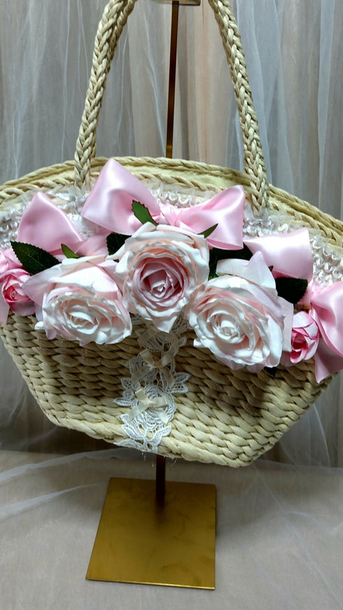ピンク薔薇とリボンのかごバッグ