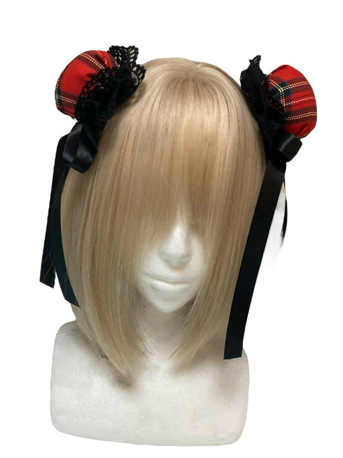 赤黒チェックのお団子ヘアクリップ
