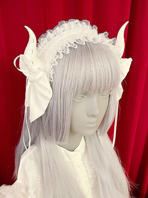 レースアップホーン ヘッドドレス/白×白