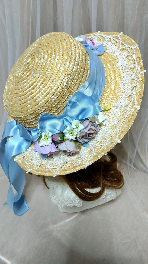 Blue Ribbon and Small Rose Straw Hat