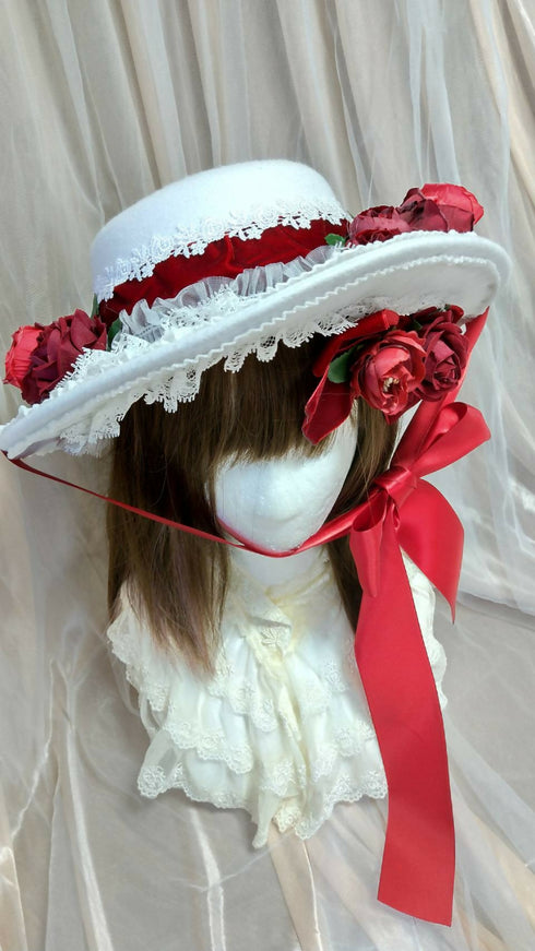 ボルドー薔薇リボン白スペシャルフェルトハット