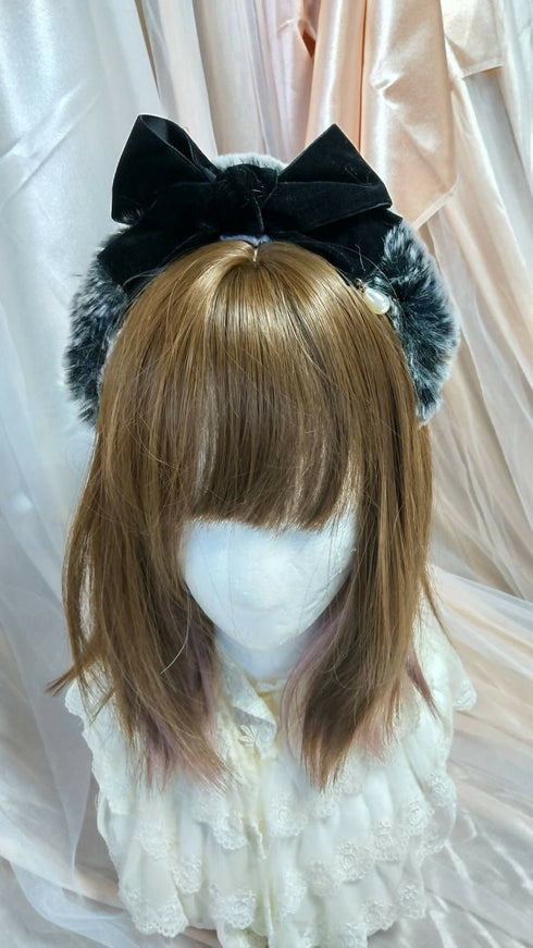 ファーリボンカチューシャ(グレー×黒リボン)