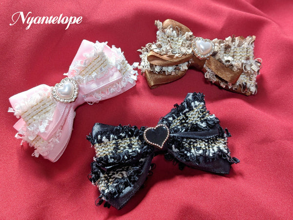 【GLM14】ツイードリボンクリップ(ブラック、ピンク、ブラウン) ゴスロリ 甘ロリ ロリータ ロリィタ